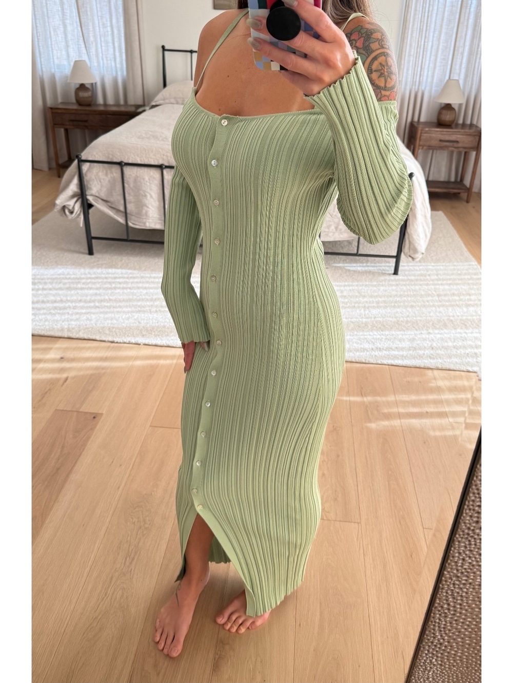 Ena Pelly Roberta Dress Seagrass Ribbed Off Shoulder Midi Size 4